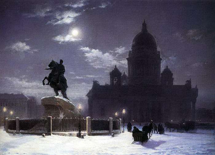Вид на памятник Петру I на Исаакиевской площади в Петербурге (1870)
