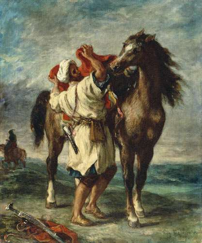 Араб, седлающий лошадь